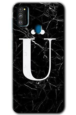 Galaxy M30s Kılıf HD Desen Baskılı Arka Kapak - Siyah Mermer Desenli Ü Harfi 