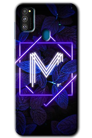 Galaxy M30s Kılıf HD Desen Baskılı Arka Kapak - Dark Neon Yaprak M Harfi 