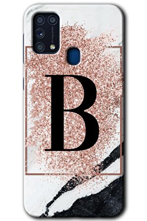 Galaxy M31 Kılıf HD Desen Baskılı Arka Kapak - Pembe Mermer Desenli B Harfi 