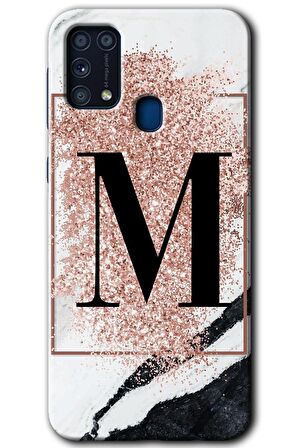 Galaxy M31 Kılıf HD Desen Baskılı Arka Kapak - Pembe Mermer Desenli M Harfi 