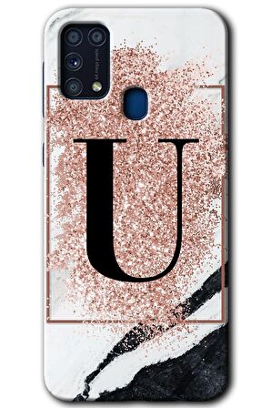 Galaxy M31 Kılıf HD Desen Baskılı Arka Kapak - Pembe Mermer Desenli U Harfi 