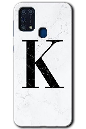 Galaxy M31 Kılıf HD Desen Baskılı Arka Kapak - Beyaz Mermer Desenli K Harfi 
