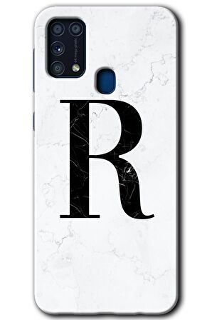 Galaxy M31 Kılıf HD Desen Baskılı Arka Kapak - Beyaz Mermer Desenli R Harfi 