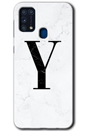 Galaxy M31 Kılıf HD Desen Baskılı Arka Kapak - Beyaz Mermer Desenli Y Harfi 
