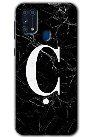 Galaxy M31 Kılıf HD Desen Baskılı Arka Kapak - Siyah Mermer Desenli Ç Harfi 