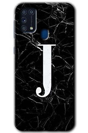 Galaxy M31 Kılıf HD Desen Baskılı Arka Kapak - Siyah Mermer Desenli J Harfi 
