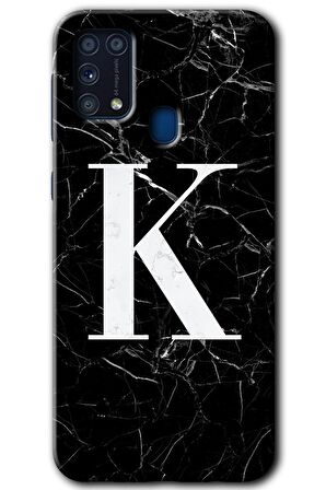 Galaxy M31 Kılıf HD Desen Baskılı Arka Kapak - Siyah Mermer Desenli K Harfi 