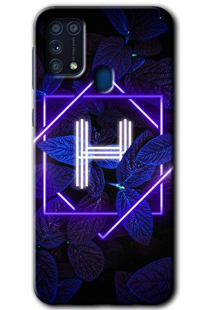 Galaxy M31 Kılıf HD Desen Baskılı Arka Kapak - Dark Neon Yaprak H Harfi 