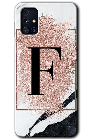 Galaxy M31s Kılıf HD Desen Baskılı Arka Kapak - Pembe Mermer Desenli F Harfi 