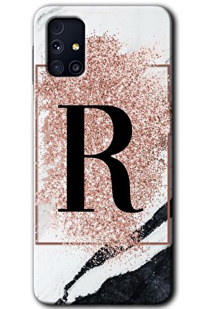 Galaxy M31s Kılıf HD Desen Baskılı Arka Kapak - Pembe Mermer Desenli R Harfi 