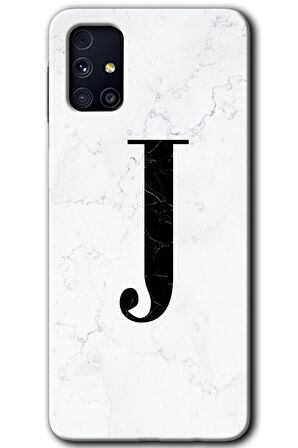 Galaxy M31s Kılıf HD Desen Baskılı Arka Kapak - Beyaz Mermer Desenli J Harfi 