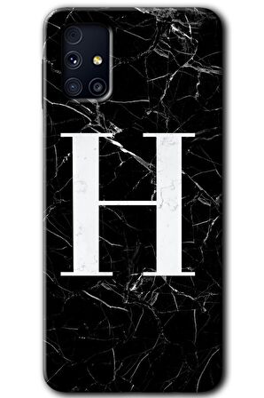 Galaxy M31s Kılıf HD Desen Baskılı Arka Kapak - Siyah Mermer Desenli H Harfi 