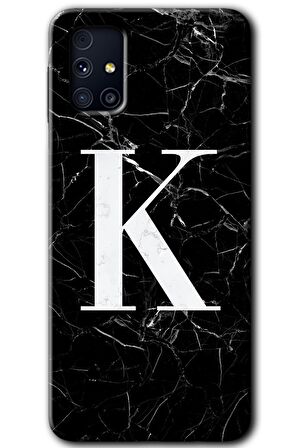 Galaxy M31s Kılıf HD Desen Baskılı Arka Kapak - Siyah Mermer Desenli K Harfi 