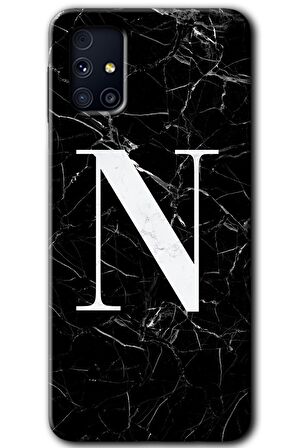 Galaxy M31s Kılıf HD Desen Baskılı Arka Kapak - Siyah Mermer Desenli N Harfi 