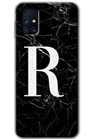 Galaxy M31s Kılıf HD Desen Baskılı Arka Kapak - Siyah Mermer Desenli R Harfi 