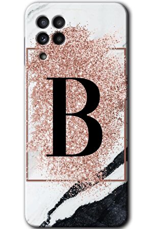 Galaxy M32 Kılıf HD Desen Baskılı Arka Kapak - Pembe Mermer Desenli B Harfi 