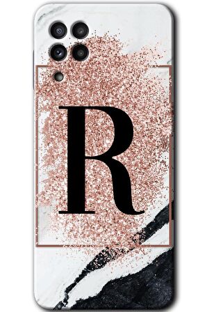 Galaxy M32 Kılıf HD Desen Baskılı Arka Kapak - Pembe Mermer Desenli R Harfi 
