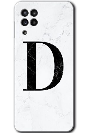 Galaxy M32 Kılıf HD Desen Baskılı Arka Kapak - Beyaz Mermer Desenli D Harfi 