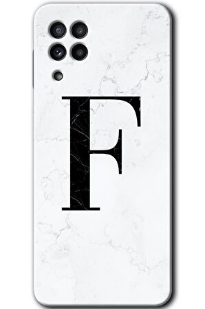 Galaxy M32 Kılıf HD Desen Baskılı Arka Kapak - Beyaz Mermer Desenli F Harfi 