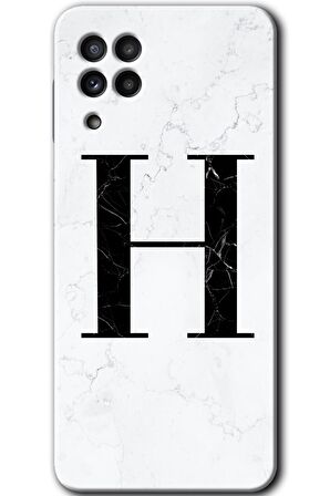 Galaxy M32 Kılıf HD Desen Baskılı Arka Kapak - Beyaz Mermer Desenli H Harfi 