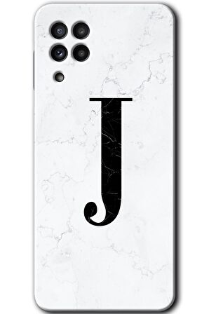 Galaxy M32 Kılıf HD Desen Baskılı Arka Kapak - Beyaz Mermer Desenli J Harfi 
