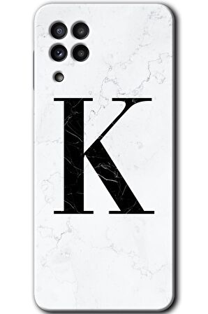 Galaxy M32 Kılıf HD Desen Baskılı Arka Kapak - Beyaz Mermer Desenli K Harfi 