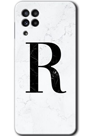 Galaxy M32 Kılıf HD Desen Baskılı Arka Kapak - Beyaz Mermer Desenli R Harfi 
