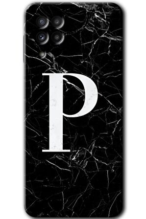 Galaxy M32 Kılıf HD Desen Baskılı Arka Kapak - Siyah Mermer Desenli P Harfi 