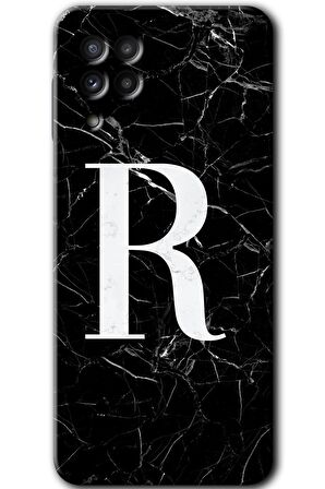 Galaxy M32 Kılıf HD Desen Baskılı Arka Kapak - Siyah Mermer Desenli R Harfi 