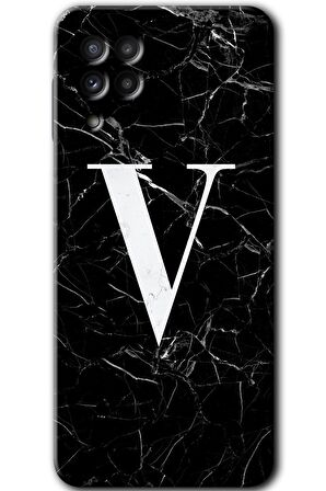 Galaxy M32 Kılıf HD Desen Baskılı Arka Kapak - Siyah Mermer Desenli V Harfi 