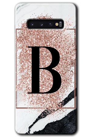 Galaxy S10 Kılıf HD Desen Baskılı Arka Kapak - Pembe Mermer Desenli B Harfi 