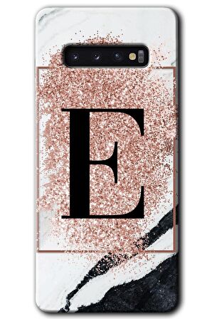 Galaxy S10 Kılıf HD Desen Baskılı Arka Kapak - Pembe Mermer Desenli E Harfi 