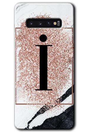 Galaxy S10 Kılıf HD Desen Baskılı Arka Kapak - Pembe Mermer Desenli İ Harfi 