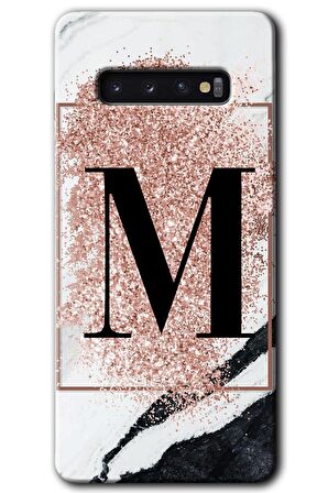 Galaxy S10 Kılıf HD Desen Baskılı Arka Kapak - Pembe Mermer Desenli M Harfi 