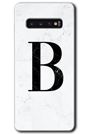 Galaxy S10 Kılıf HD Desen Baskılı Arka Kapak - Beyaz Mermer Desenli B Harfi 