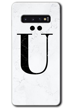 Galaxy S10 Kılıf HD Desen Baskılı Arka Kapak - Beyaz Mermer Desenli Ü Harfi 