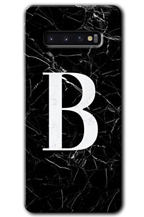 Galaxy S10 Kılıf HD Desen Baskılı Arka Kapak - Siyah Mermer Desenli B Harfi 