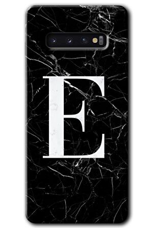 Galaxy S10 Kılıf HD Desen Baskılı Arka Kapak - Siyah Mermer Desenli E Harfi 