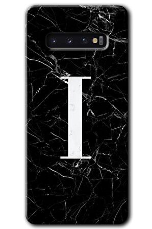 Galaxy S10 Kılıf HD Desen Baskılı Arka Kapak - Siyah Mermer Desenli I Harfi 