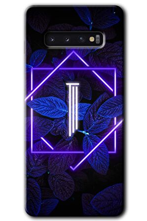 Galaxy S10 Kılıf HD Desen Baskılı Arka Kapak - Dark Neon Yaprak I Harfi 