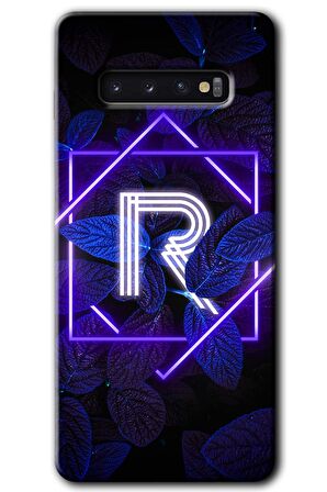 Galaxy S10 Kılıf HD Desen Baskılı Arka Kapak - Dark Neon Yaprak R Harfi 
