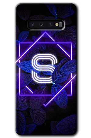 Galaxy S10 Kılıf HD Desen Baskılı Arka Kapak - Dark Neon Yaprak S Harfi 