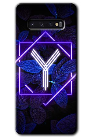 Galaxy S10 Kılıf HD Desen Baskılı Arka Kapak - Dark Neon Yaprak Y Harfi 