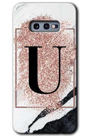 Galaxy S10e Kılıf HD Desen Baskılı Arka Kapak - Pembe Mermer Desenli U Harfi 