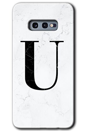Galaxy S10e Kılıf HD Desen Baskılı Arka Kapak - Beyaz Mermer Desenli U Harfi 