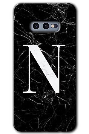 Galaxy S10e Kılıf HD Desen Baskılı Arka Kapak - Siyah Mermer Desenli N Harfi 