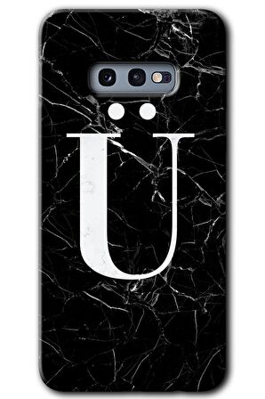 Galaxy S10e Kılıf HD Desen Baskılı Arka Kapak - Siyah Mermer Desenli Ü Harfi 