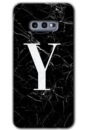 Galaxy S10e Kılıf HD Desen Baskılı Arka Kapak - Siyah Mermer Desenli Y Harfi 