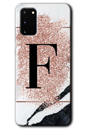 Galaxy S20 Kılıf HD Desen Baskılı Arka Kapak - Pembe Mermer Desenli F Harfi 
