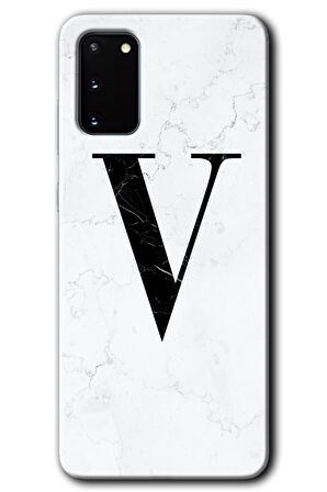 Galaxy S20 Kılıf HD Desen Baskılı Arka Kapak - Beyaz Mermer Desenli V Harfi 